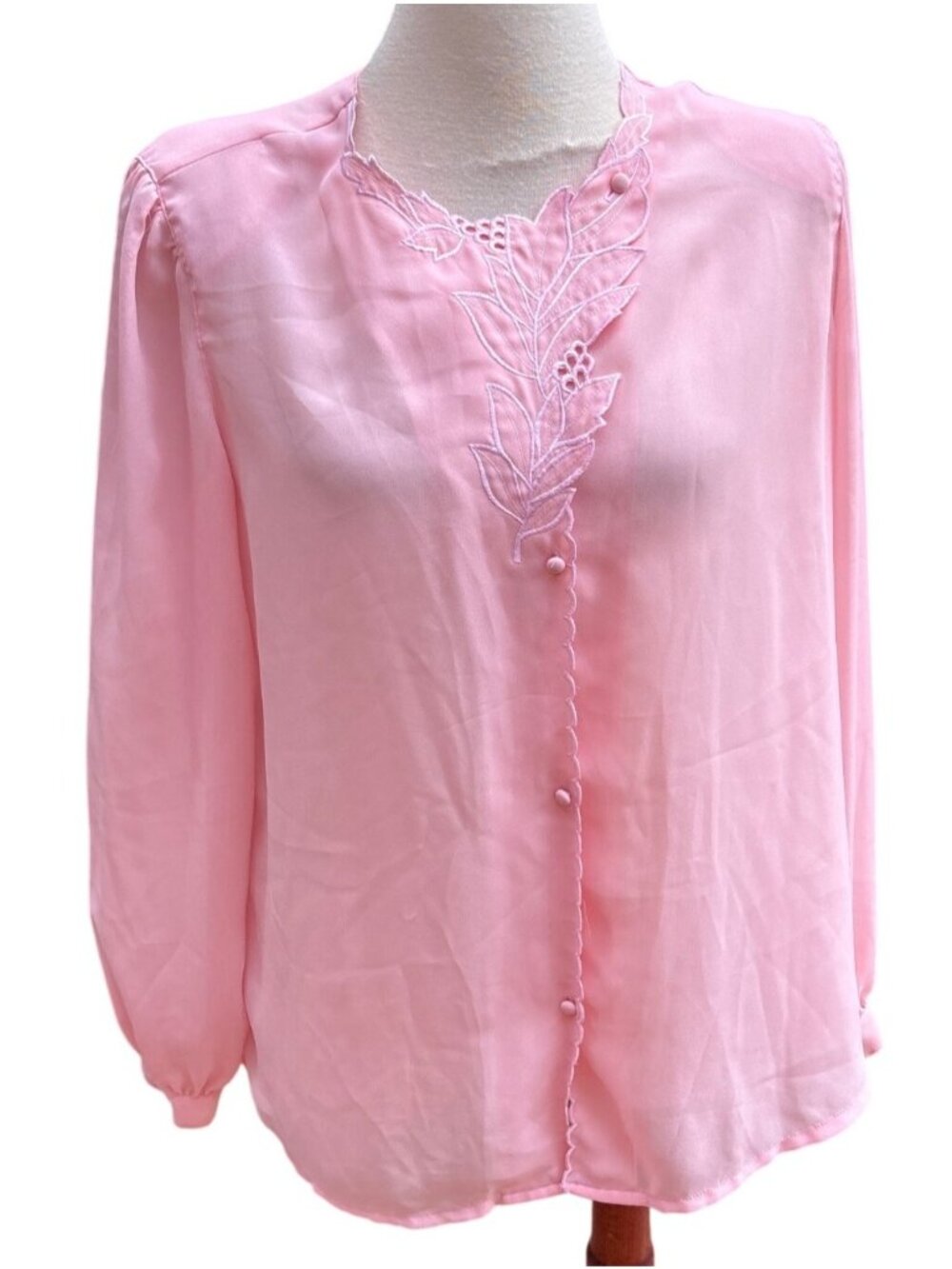 Vintage Pink Sheer Blouse With Embroidered Floral Details & Button Front Size 18